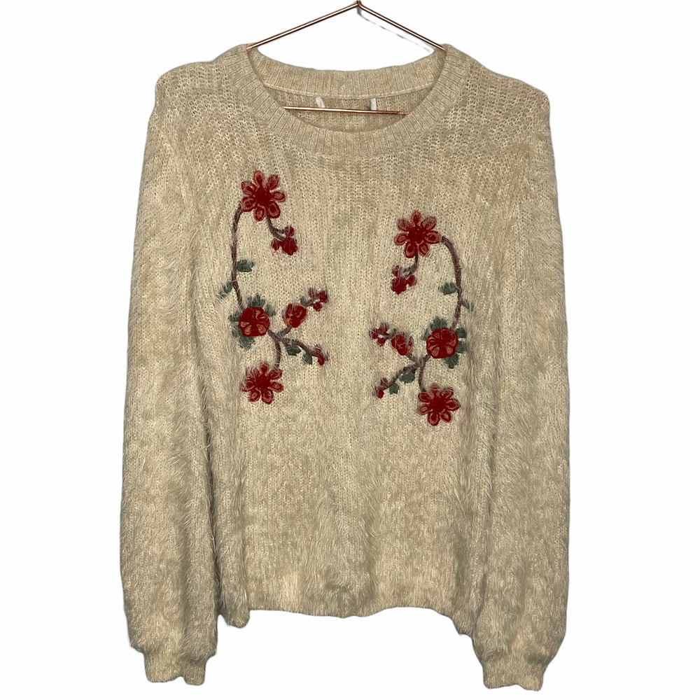 Woven Heart Pullover Long Sleeve Red Flower Embroidered Sweater Small